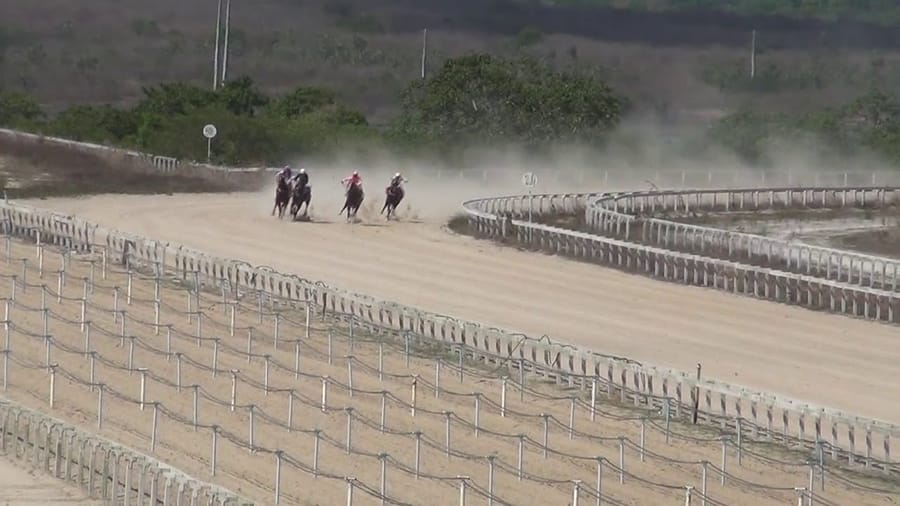 Cavalos na reta do Aquiraz vistos do alto, com poeira na areia